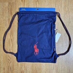 Polo Ralph Lauren Canvas Gym Bag Sack Pony Logo Navy Blue Red 100% Cotton New M